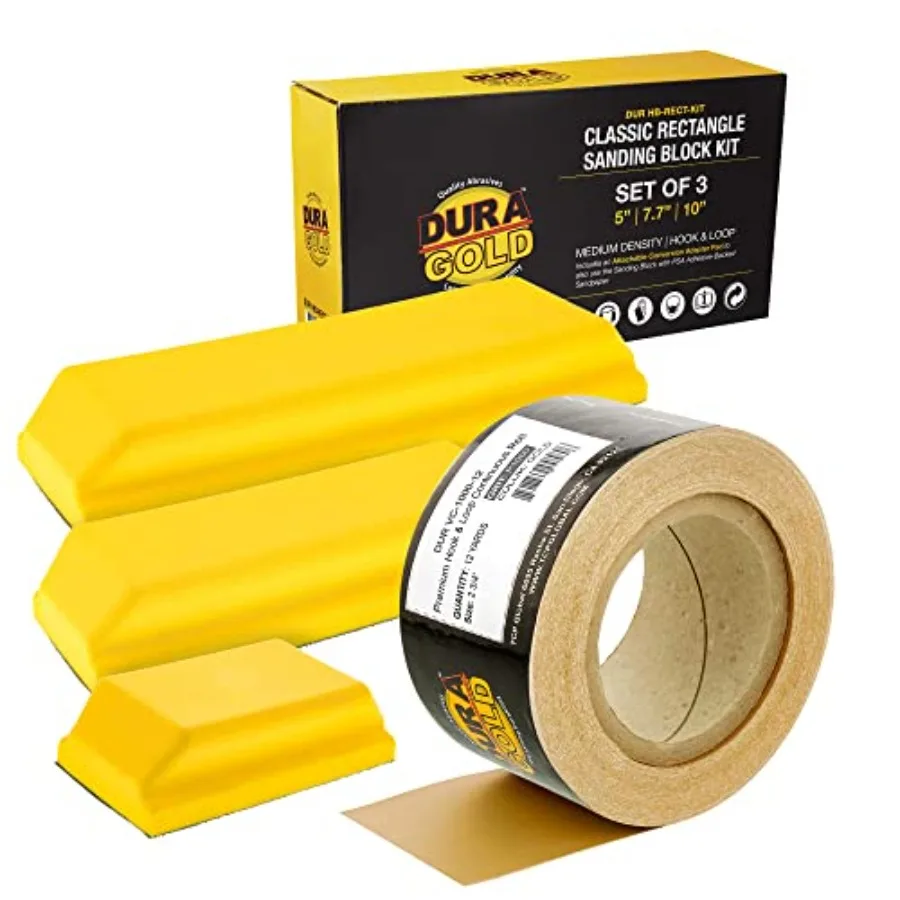 

Dura-Gold Pro Series Classic Rectangle Hand Sanding Block Kit with 3 Blocks 5" 7-3/4" and 10" Set Hook and Loop Backing and PSA