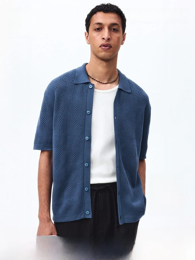 

H&M Men's Standard Fit Knitted Shirt Summer 2026 Short Sleeve Polyester Cotton Blend Button up Casual Wear