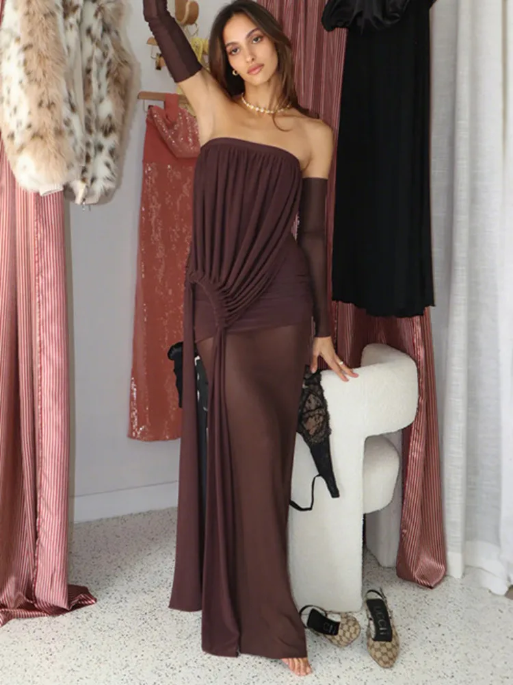 Oniflyme Strapless Mesh Patchwork Elegant Women Maxi Dress Sexy Off Shoulder Backless Sheer Ruched Partywear Bodycon Female Robe