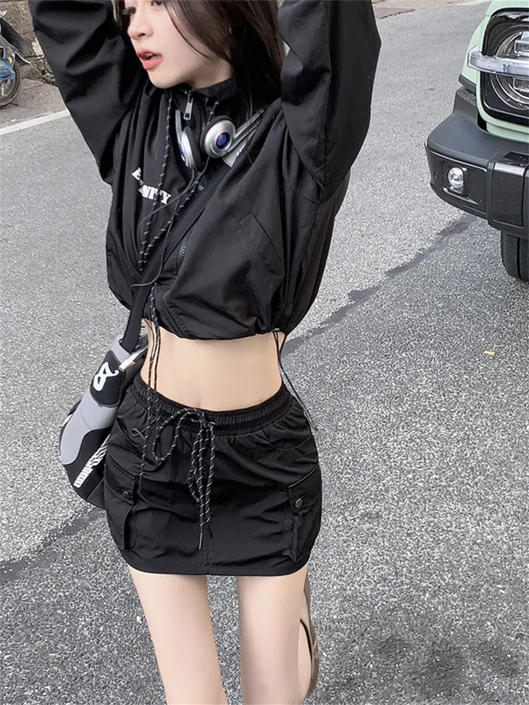 QWEEK Y2K Gorpcore Black Dress Sets Women Techwear Streetwear Two Piece Skirt Set Korean Style Cropped Jacket Harajuku Egirl