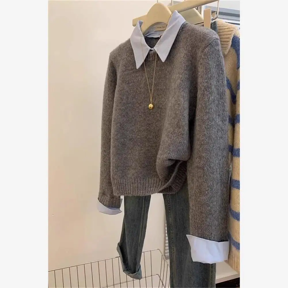 

Ele Women's Knitted Ne Top Color Blo Faion Ci Walk Polyester Fiber Nine Points Sve Bright Tead Detail