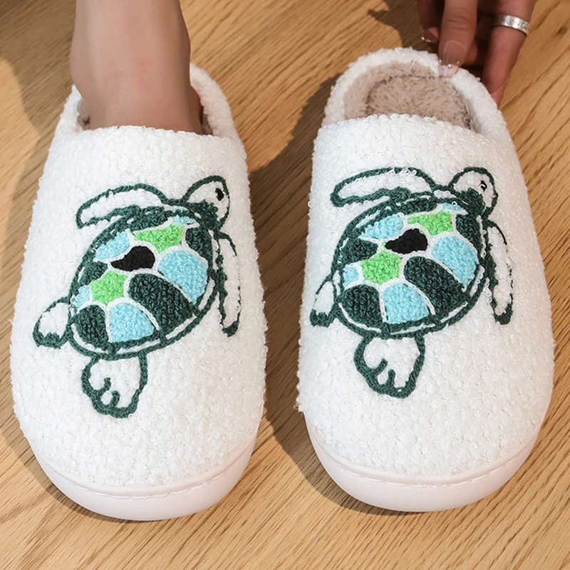 Smile Pop Winter Indoor Comfortable Plush Slippers Cute Cartoon Turtles Fluffy Cotton Slippers Non-slip Warm Household Slippers