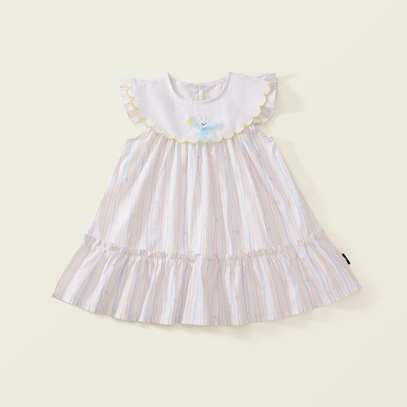 

Полосатое вышитое платье для девочек, новинка лета 2025 года, корейское милое платье принцессы с пышными рукавами и кружевным бантом для малышей 1-7 лет