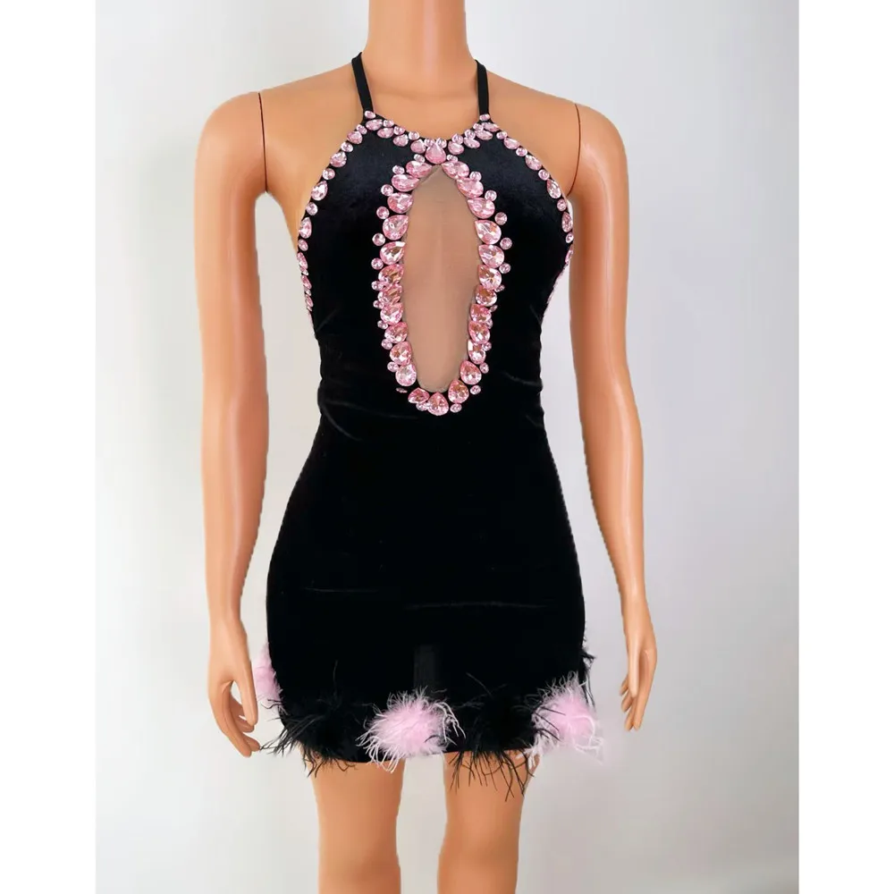 Sexy Black Velvet Backless Rhinestones Mini Dress Women Birthday Party Club Show Short Dress Singer Stage Performance Costume