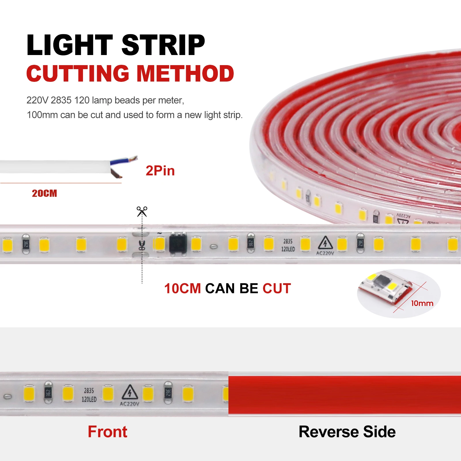 220V 2835 LED Strip Light White/Blue/Red/Yellow/Pink Waterproof 120LEDs/m High Brightness Lighting Flexible Led Tape Diode Lamp