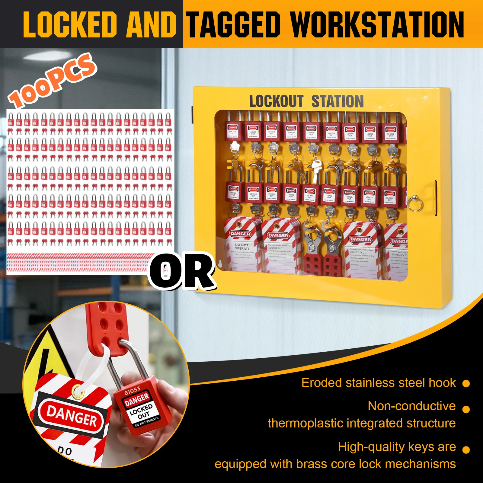 مجموعات صندوق قفل أمان مجموعة فولاذية محمولة مع 20 أقفال أمان 6 مشابك 60 علامة محطة إدارة ألواح فولاذية معلقة تاجو #1