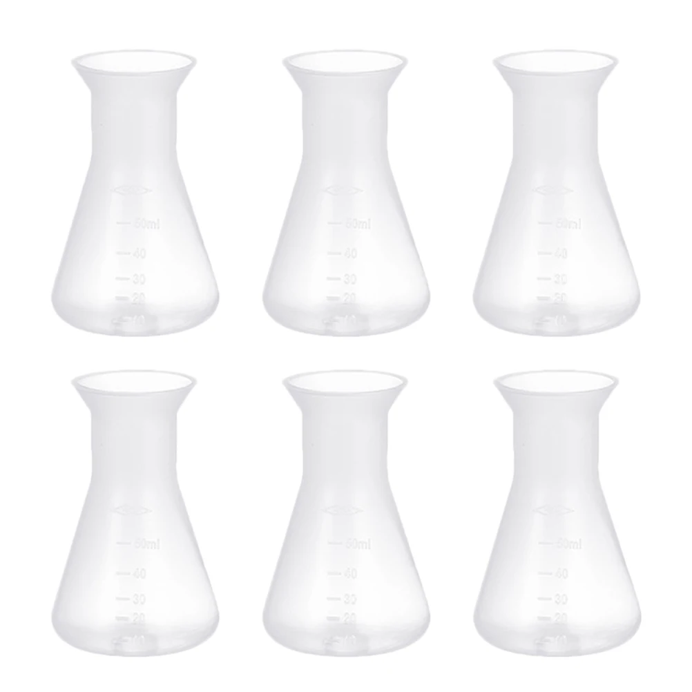 

6pcs Plastic Flasks Science Laboratory Beakers Chemical Erlenmeyer Flask 50Ml Clear Compact Easy Clean Refill Safe For