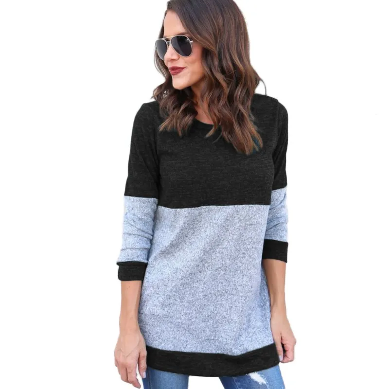 

Women's T-shirt Fashion Long Sleeve Round Neck Loose Color Blocked Trendy Versatile T-shirt Interior Top Ladies 2024 New Product