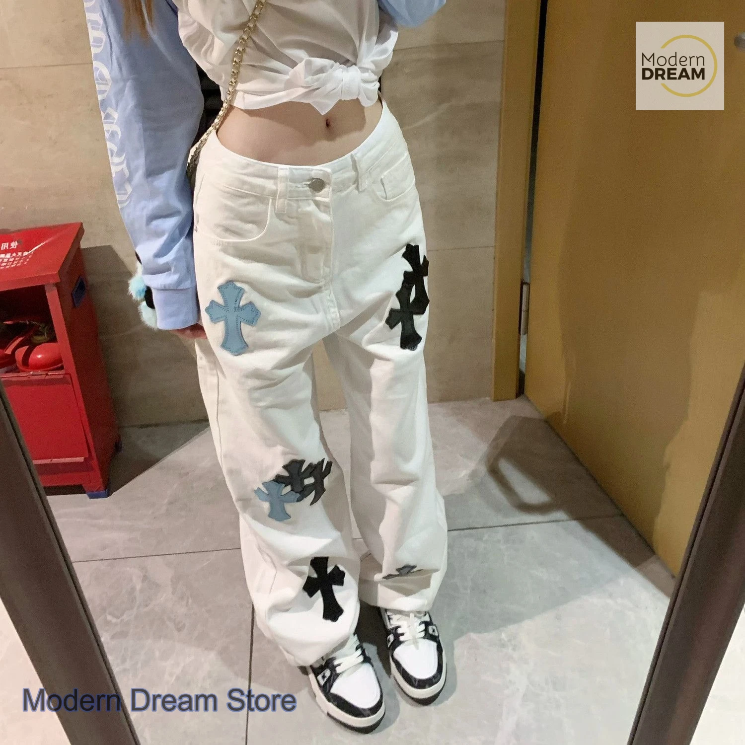 American-style white hole straight jeans women's spring and autumn new fashion temperament cross loose slim wide-leg mop pants