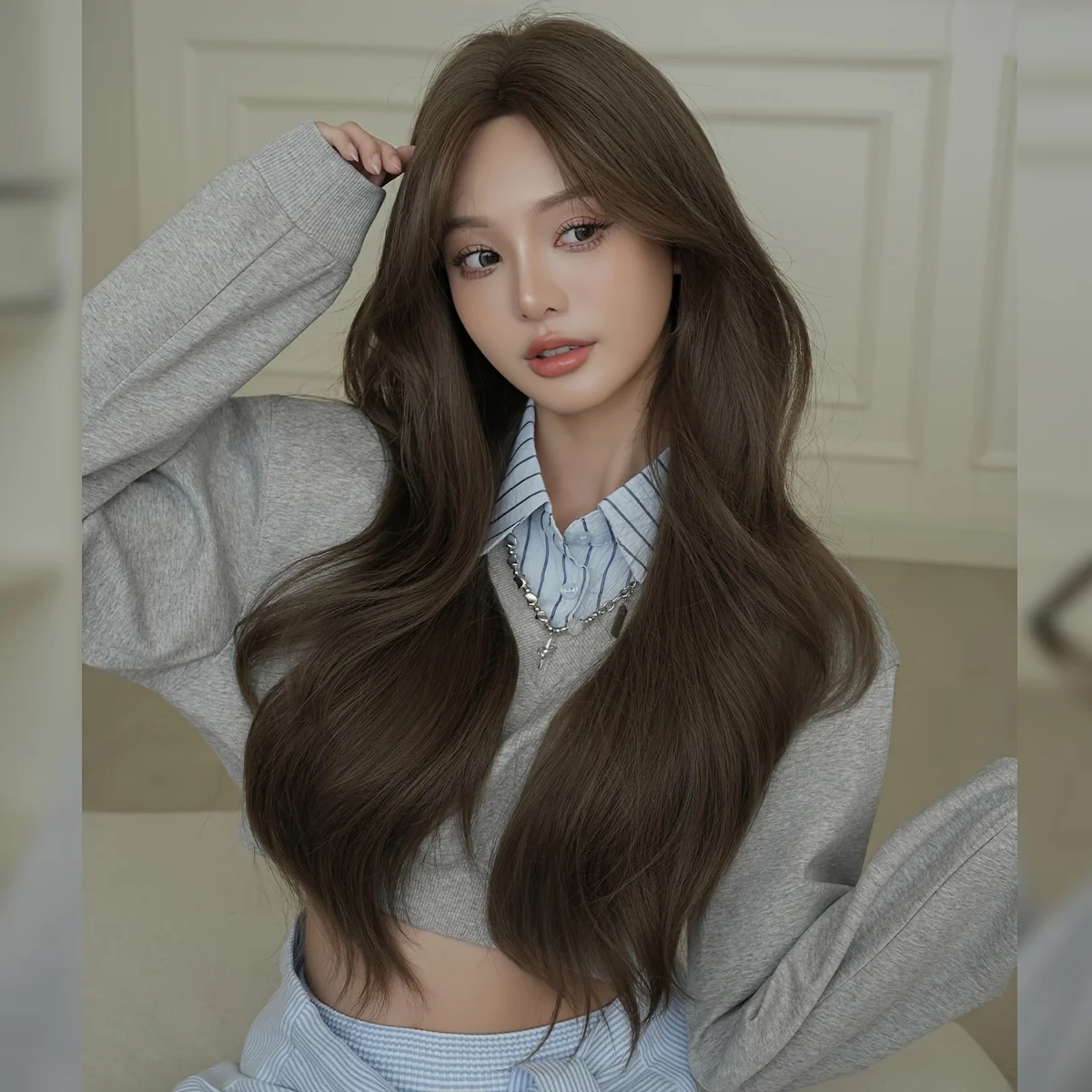 Routine Wigs Long Loose Curly Cold Brown Wigs for Women Daily Use High Density Synthetic Middle Part Wig for Gifts 30.31 Inches
