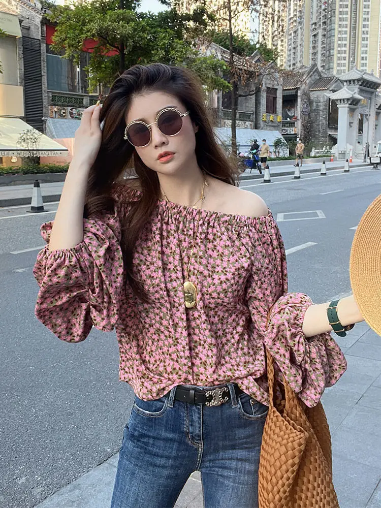 French Pink Floral Chiffon Shirt with Feminine Temperament New High-end and Chic One Shoulder Top