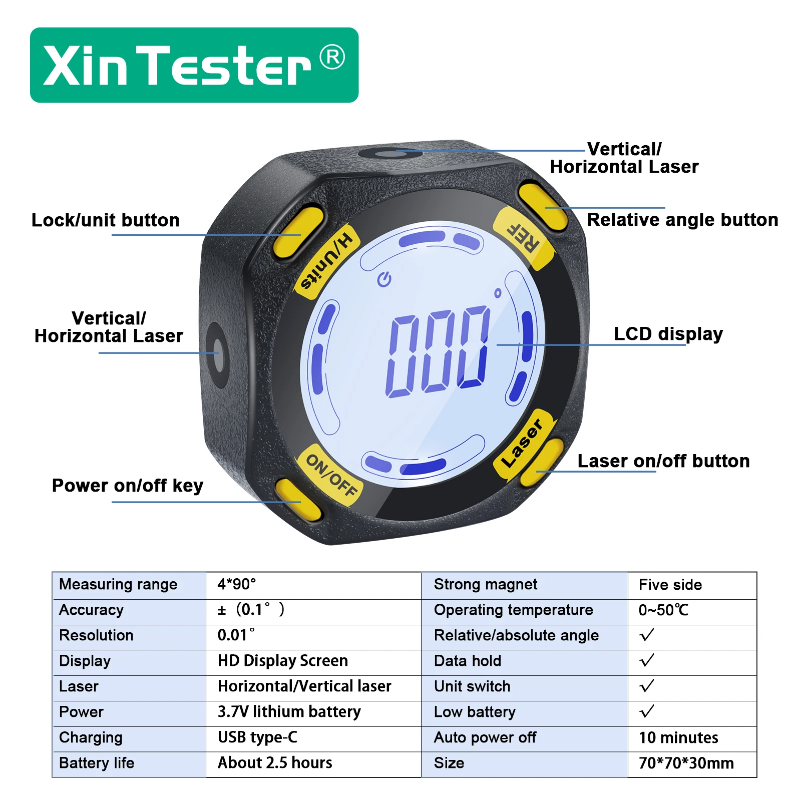 Xin Tester 4*90 Degree Digital Angle Gauge Magnetic Protractor Inclinometer Level Type-C Charging Angle Finder LCD Backlight