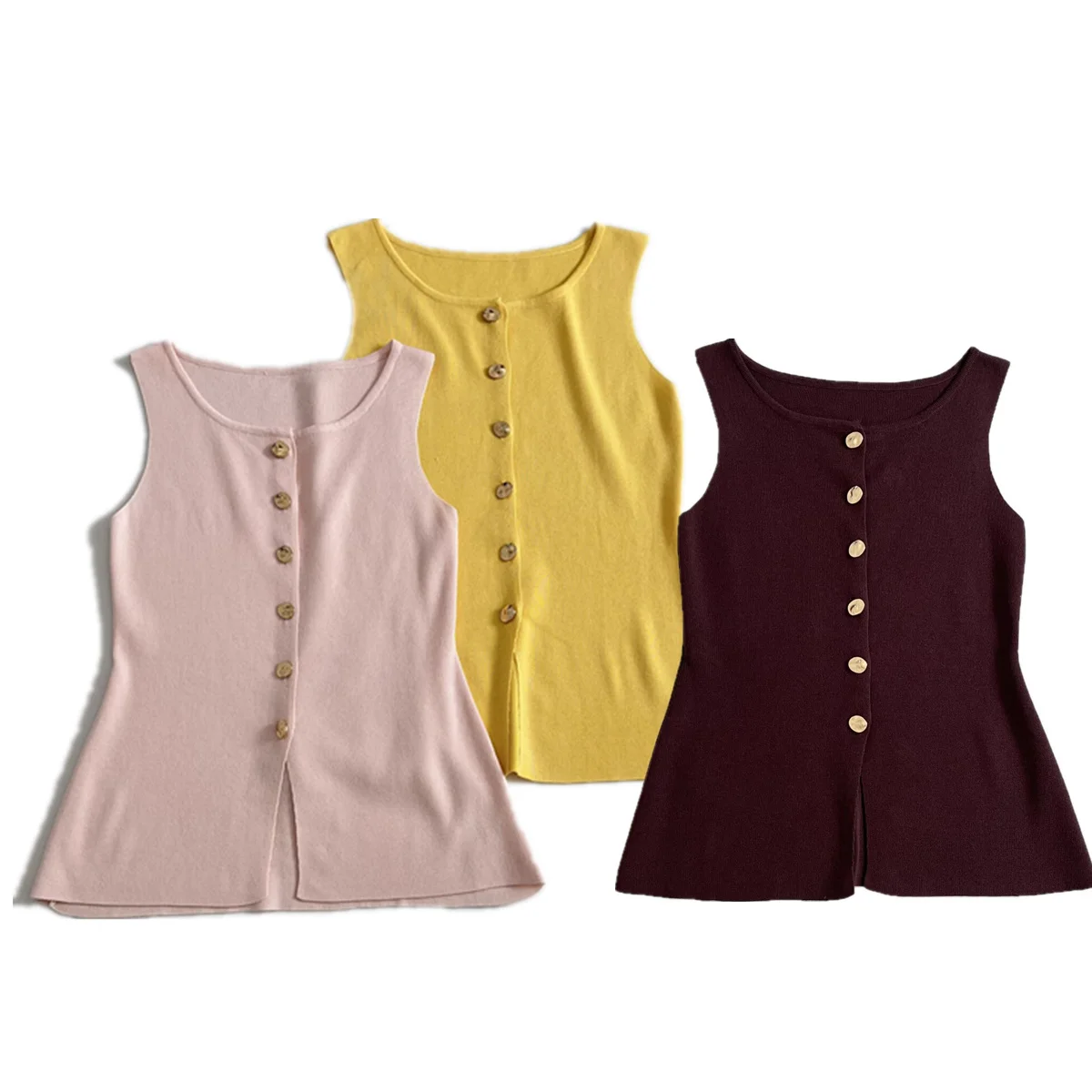 

Jenny&Dave 2026 Spring Summer T-shirt Woman Clothes Female Clothing Gold Buttons Knitted Tank Tops Women's Vest Tshirt