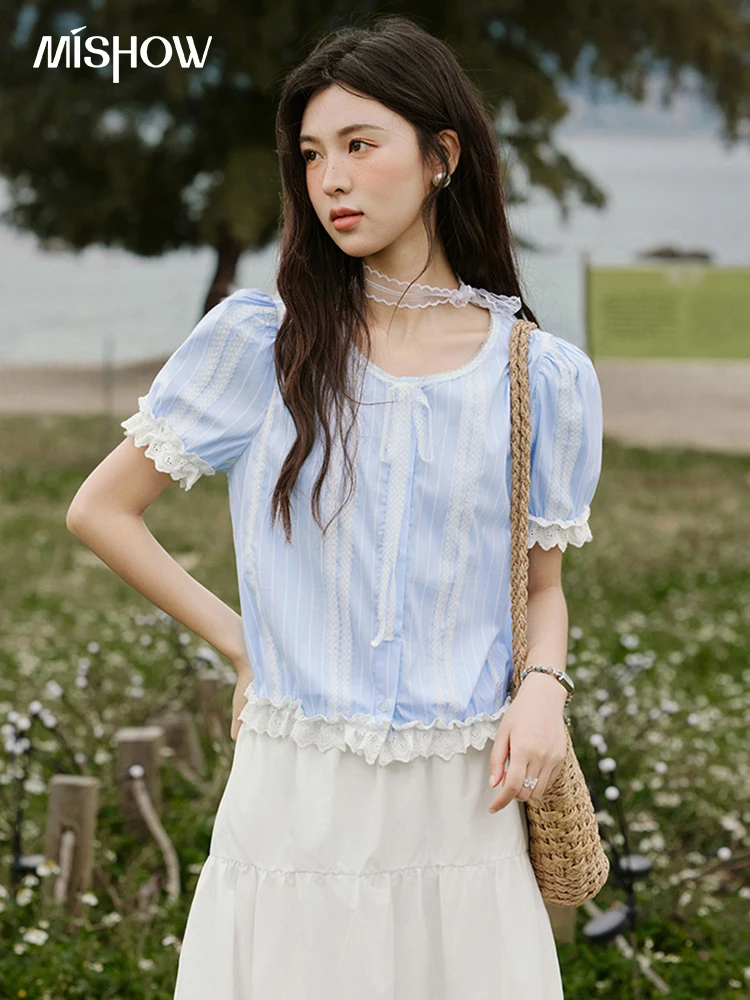 

MISHOW French Striped Summer Blouses Women 2025 New Short Puff Sleeve Round Neck Lace Patchwork Shirts Fashion Tops MXE32X1759