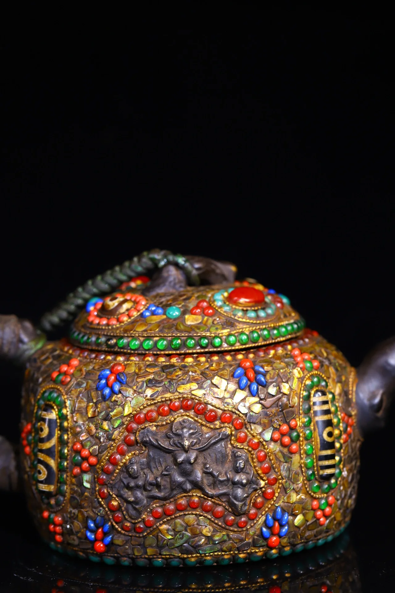 8 "مجموعة معبد التبت القديمة الأرجواني وعاء الطين إبريق الشاي فسيفساء جوهرة gZi الخرز قذيفة GARUDA بوذا وعاء الزبد غلاية إبريق الشاي