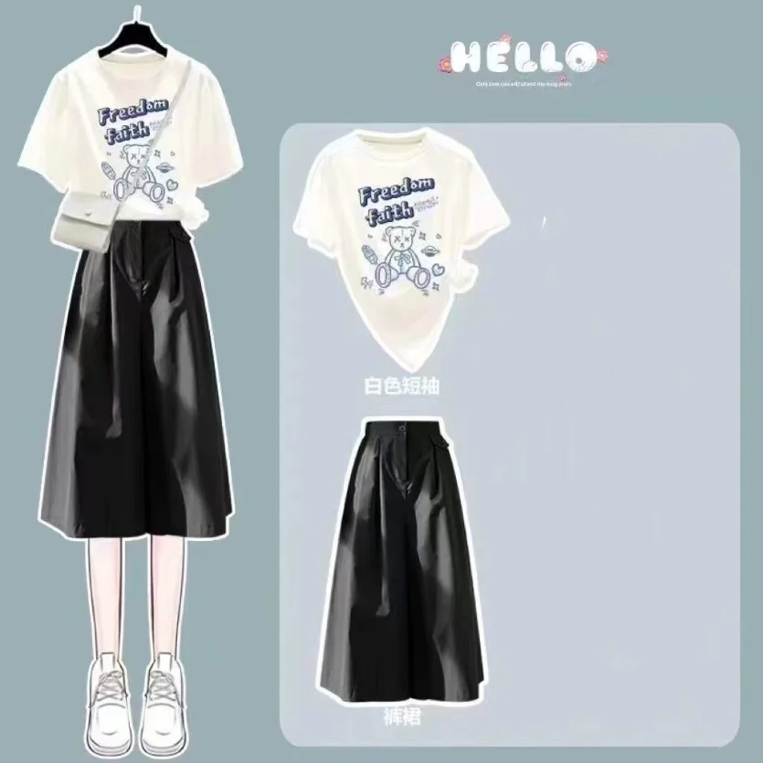 2023 Summer New Fashion Set Women\'s Korean Loose Short Sleeve T-shirt+Wide Leg Trouser Skirt Two Piece Set Kikyo