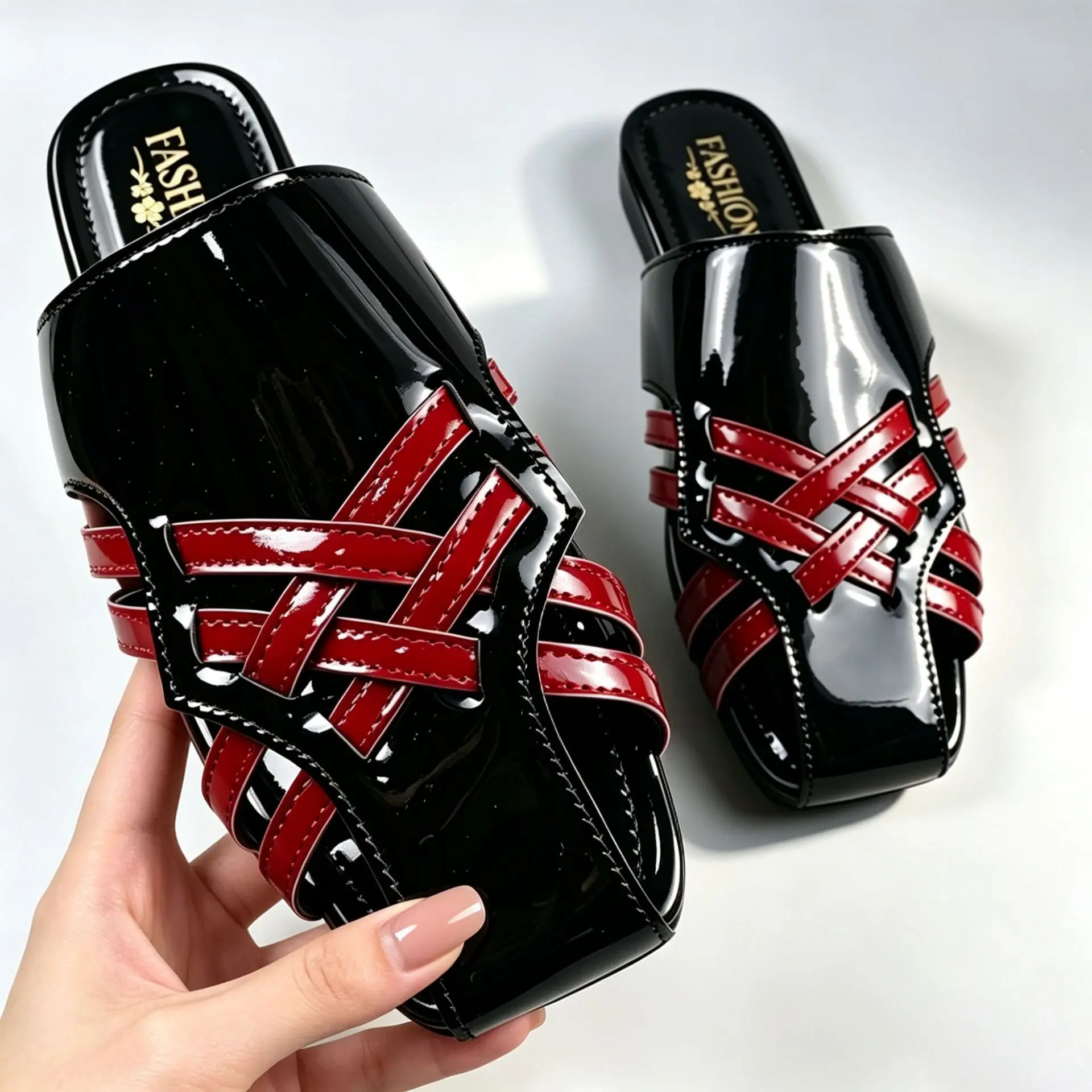 Summer Women's Square Closed Toe Vintage Color Blocking Slippers 2026 New Women Comfortable Beach Casual Fashionable Sandals