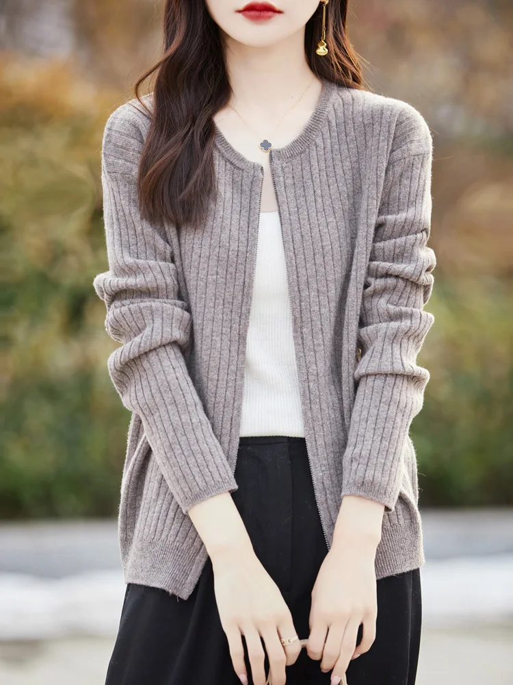 

Women's Sweater Cardigan 100% Merino Wool Knitwear O-neck Zipper Cashmere Spring Autumn Soft Comfortable Fashion Clothing Tops