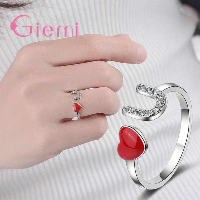 Anillo de tamaño ajustable con apertura de piedra de cristal en forma de amor para regalo de novia, joyería y circonita cúbica