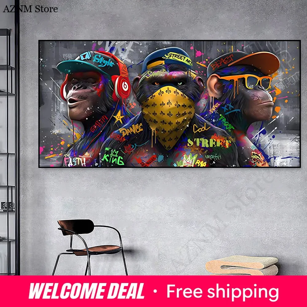 Drei Trendige Orang-Utans Graffiti Wandkunst Poster Druck Affe Musik Hörend Raumdekoration Leinwandgemälde Heim-Wandbild