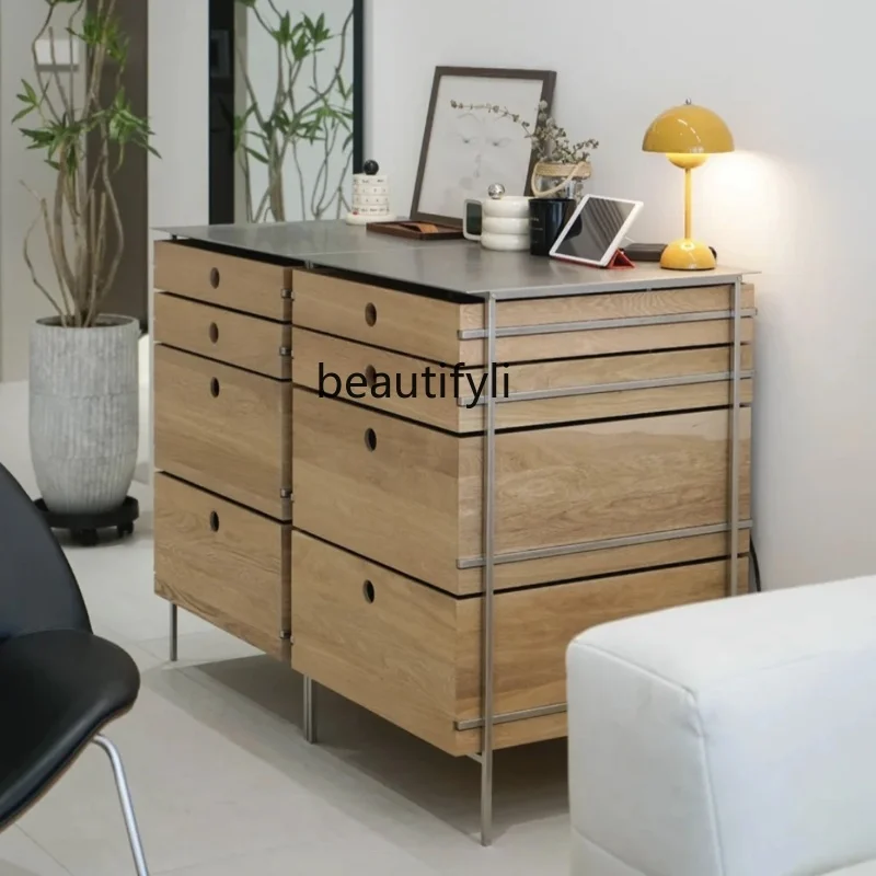 Nordic simple chest cabinet   dining side modern wabi-sabi drawer solid wood storage  stainless steel light luxury locker