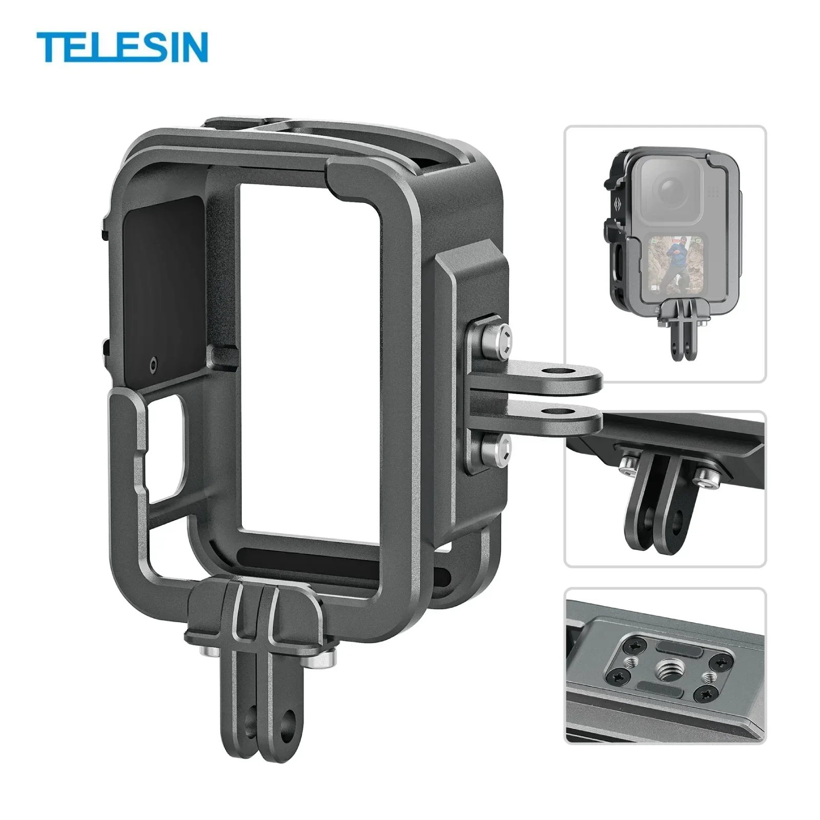 TELESIN Metal Combo Cage for Gopro Hero 12 11 10 9 Accessories Double Cold Shoe Protective Frame Action Camera Gopro Accessories