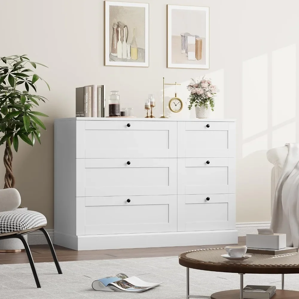 6 Drawer Dresser, White Dresser for Bedroom, Wood Chest of Drawers, Wide Double Dresser, Modern Drawer Chest for Living Room