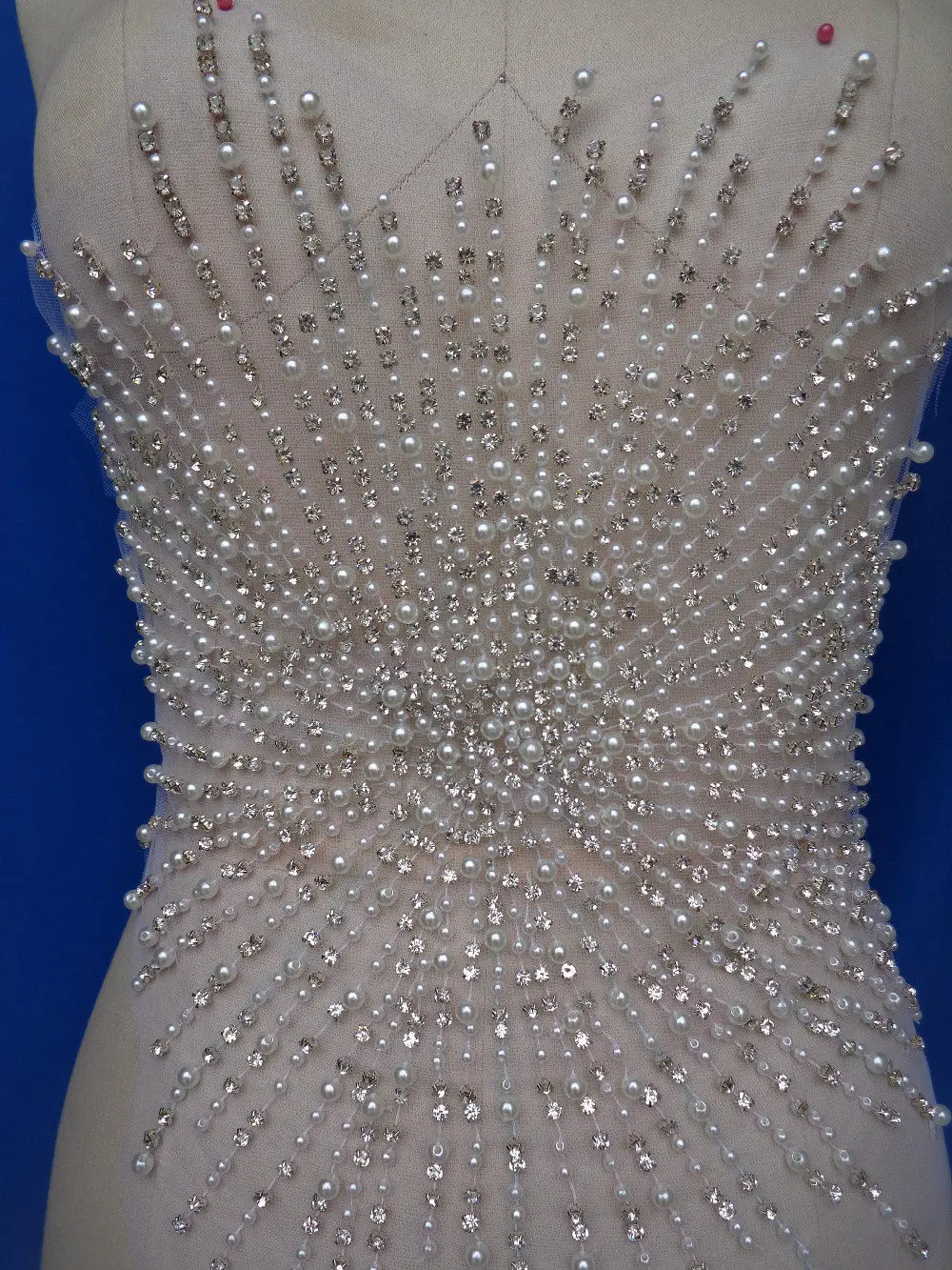 

Luxury Hand Beaded Radiate Pearls Fabric with Appliques for Bridal Gowns Wedding Dresses Performance Costumes DIY Trims Material