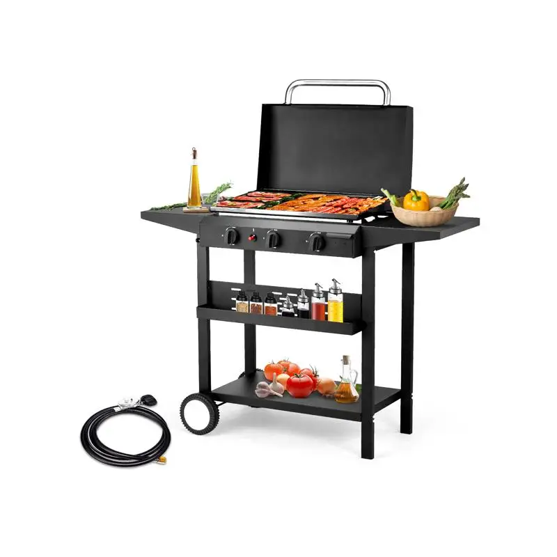 

30,000 BTU 3-Burner Outdoor Gas Griddle Station with Ceramic Coated Cast Iron Pan, Side Shelves & Spice Rack for Backyard BBQ