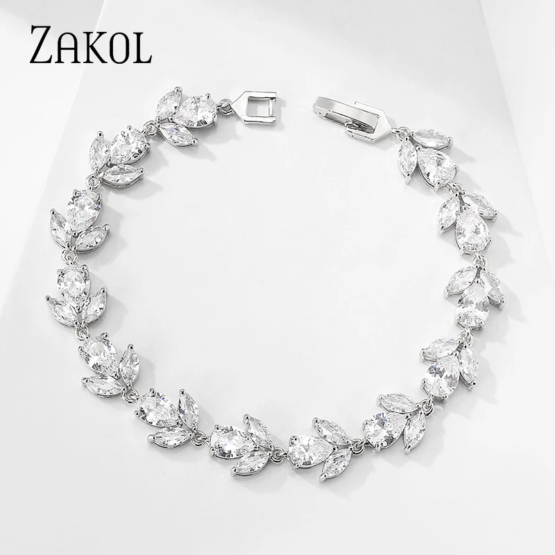 ZAKOL Trendy Cubic Zirconia Bridal Bracelets for Women White Gold Color Leaf Charm Bangles Clear Wedding Jewelry