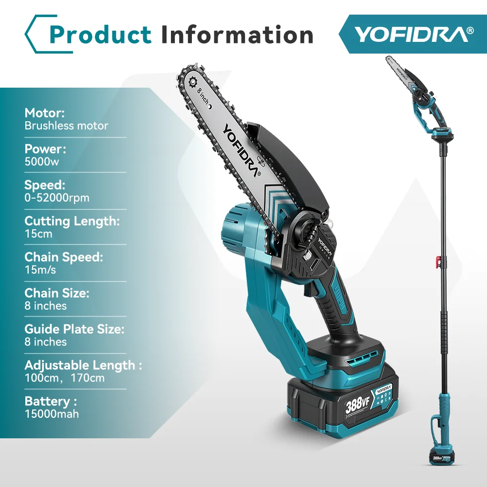 YOFIDRA 8 Inch Brushless Telescoping Pole Electric Chainsaw High Branch Saw Garden Pruning Power Tool For Makita 18V Battery Pin