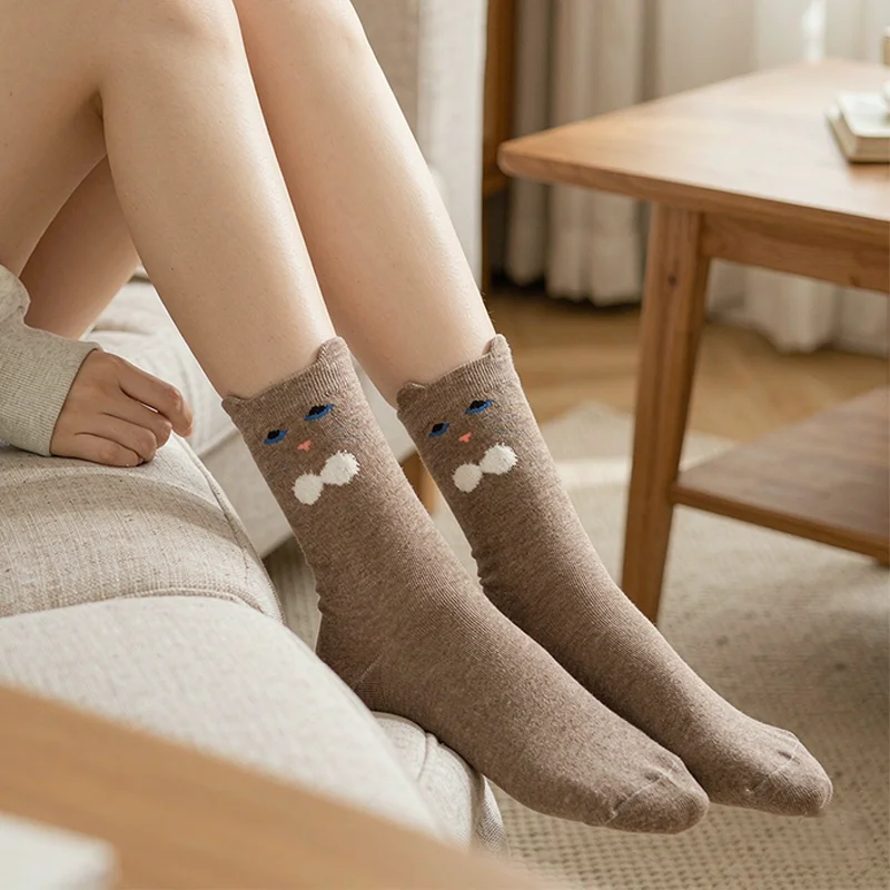 5Pairs Women Cute Cat 3D Ear Crew Socks Cartoon Animal Design Soft Mid‑Calf Socks Sweet Casual Ladies Daily Socks
