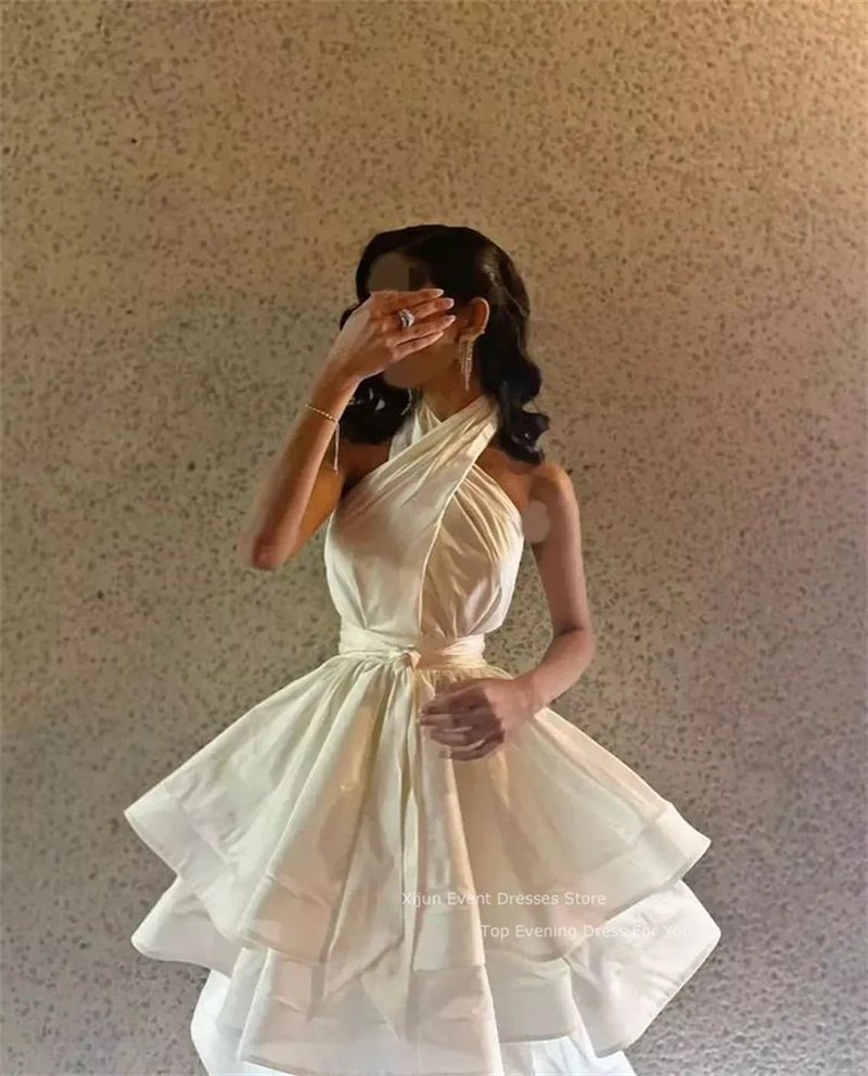 Xijun Ivory Short Prom Dresses Sexy Taffeta Formal Evening Dresses Tiered Prom Gowns Knee Length Sleeveless Party Dresses Women