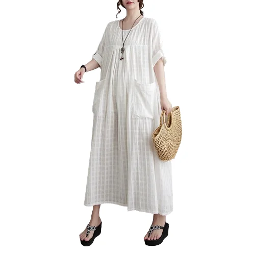 High-end dames zomerlinnen Dr artistiek groot formaat losse jurk met zeven mouwen en k-patroon ontwerp comfortabele a-lijn...