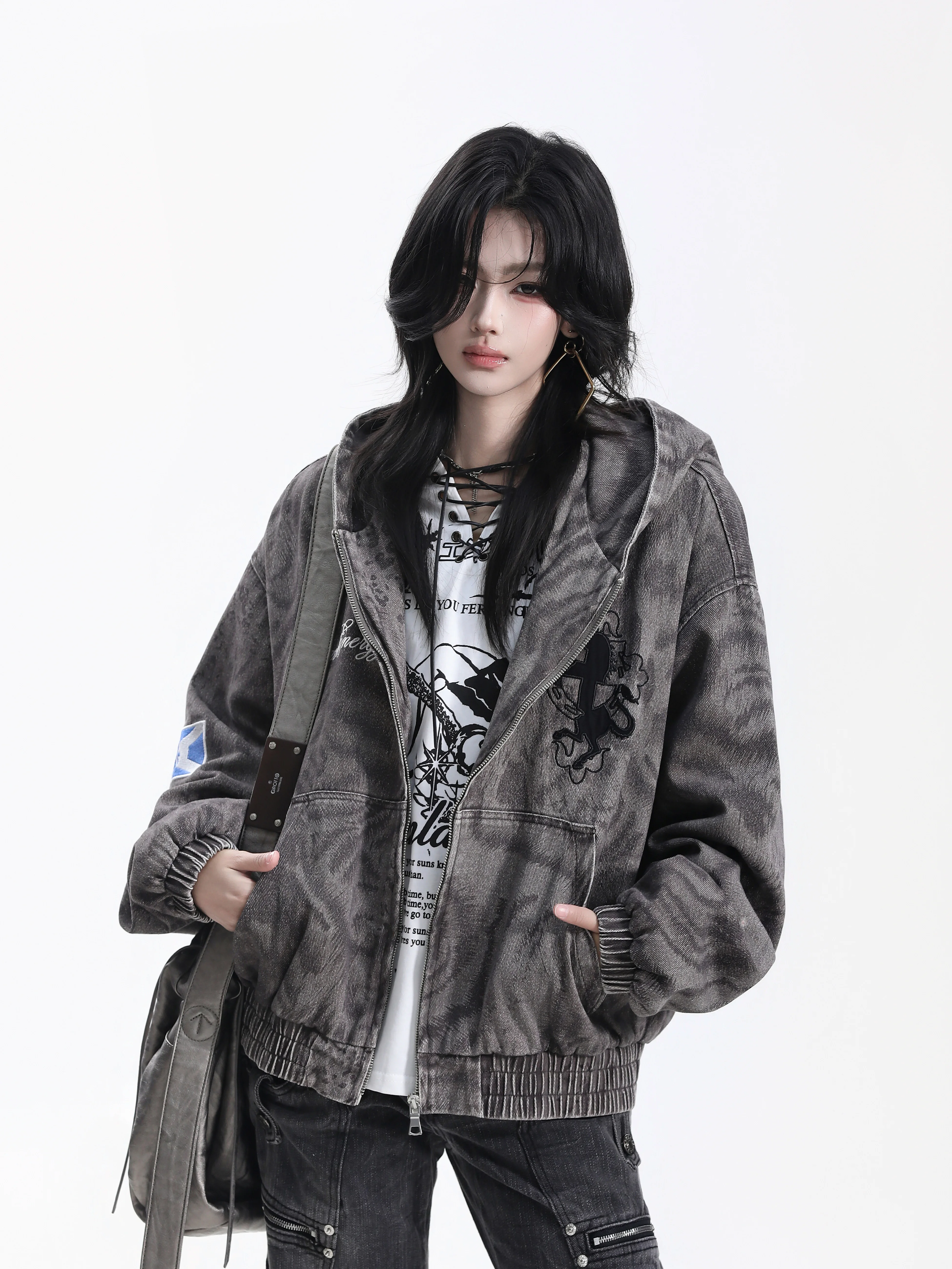 American Style Oversize Leopard Print Jacket with Hood Zipper Female Embroidery Neutral Style Cotton Polyester Blend Coat