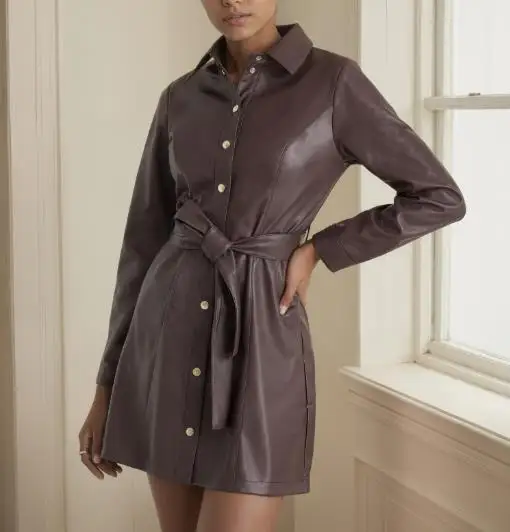 

Women's Jacket 2025 Spring Autumn New Solid Color PU Leather Turn-Down Collar Long Sleeved Casual Windbreaker Jacket with Belt