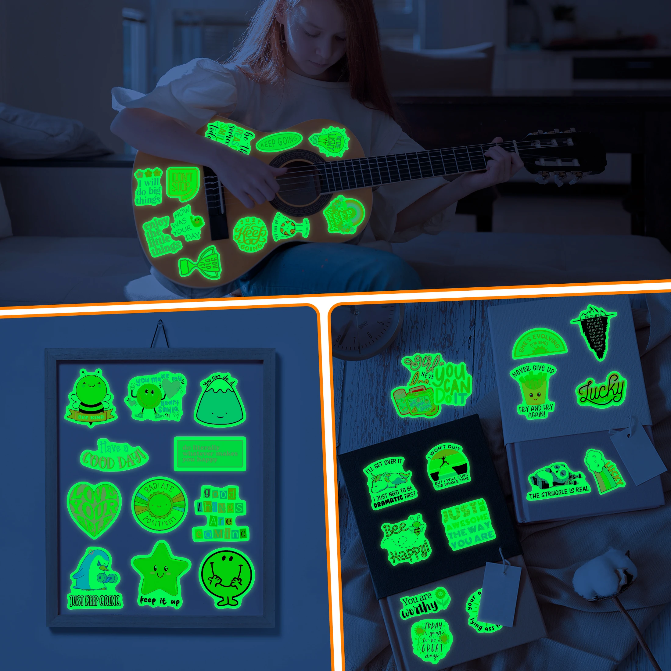 51 قطعة من ملصقات Lucky Glow in the Dark المقاومة للماء من الفينيل وزجاجة مياه لتزيين كتب الكمبيوتر للأطفال والمراهقين لعبة ذاتية الصنع