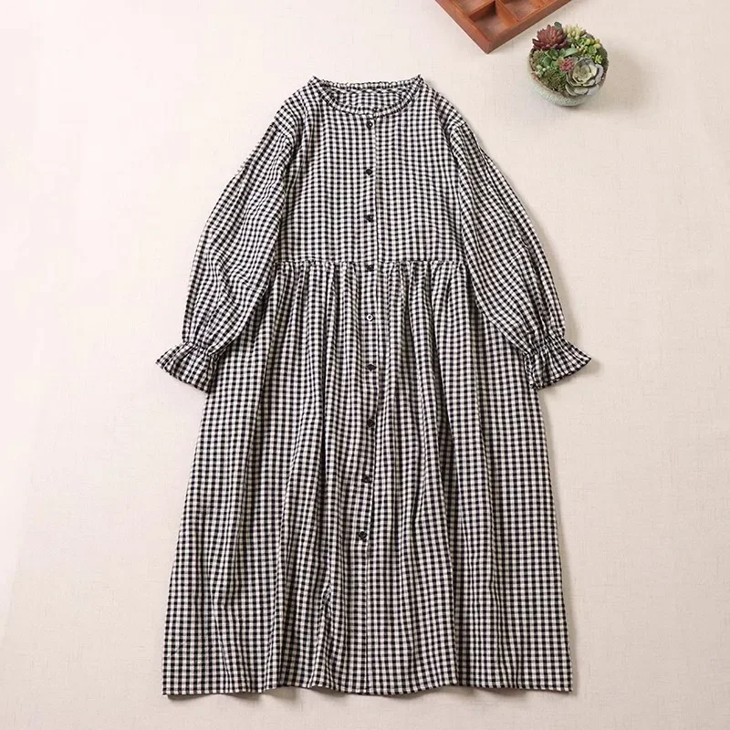 Japanische Mori Mädchen Vintage Plaid Baumwolle Leinen Kleid Frauen Frühling Herbst Langarm Casual Lose Einreiher Hemd Kleider