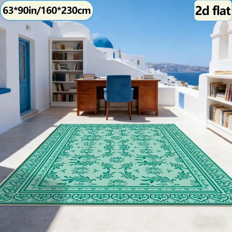 Vintage Green Brocade Floral Border Carpet Traditional Non-Slip Carpet Square Rug Suitable for Home Indoor Use