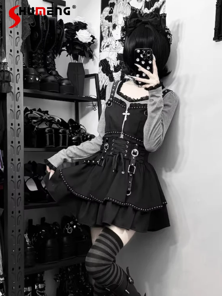 

Japanese Style Gothic Subculture Lace Square-neck Long-sleeve Shirt Zipper Camisole Top High Waist Bow Short Skirt Set for Women
