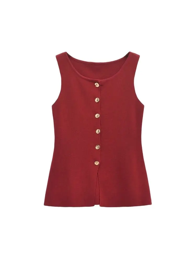 TRZA-Women\'s Knitted Vest with Golden Buttons, Sleeveless Sweater, O Neck, Chic Tops, Female Waistcoat, Fashion