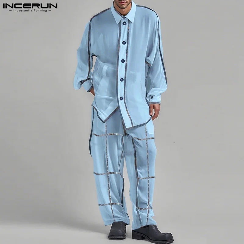 INCERUN Men Sets Print Patchwork Loose Long Sleeve Shirt & Pants Two Pieces Sets Streetwear Fashion Casual Men Suits See Through