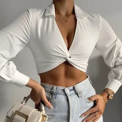 Lapel Top Women's Short T-shirt 2023 New Autumn Wrap Bow-knot Top Long-sleeved White Clothes Crop Top V-neck Summer Large