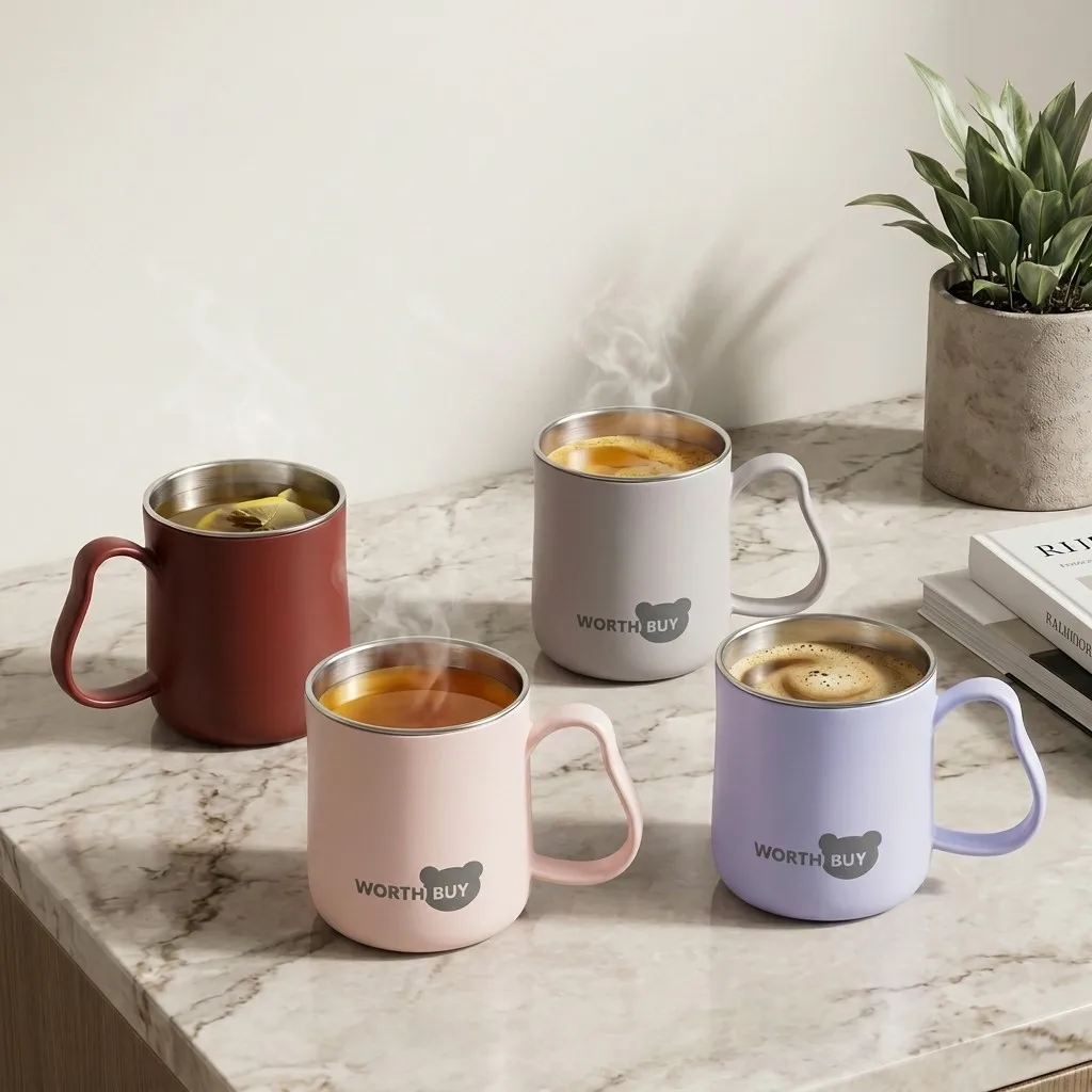 Stainless Steel Coffee Mug Double Wall Plastic Tumbler with Handle Anti-Scald Drinkware Drop-Resistant Water Cup for Kids Office