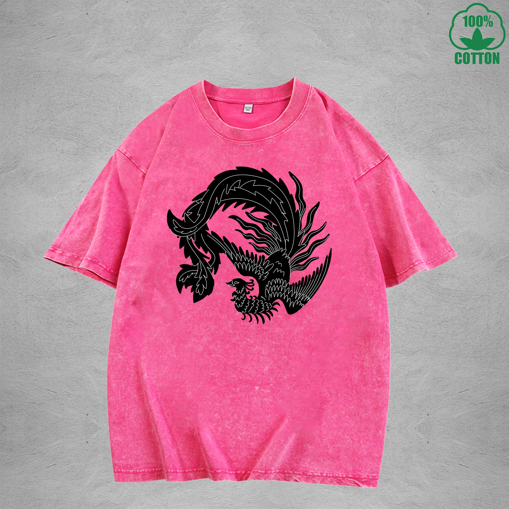 Phoenix Interest Printed Washed T-Shirt 230G Multicolor Loose Trendy Fashionable Cotton Short Sleeve Top