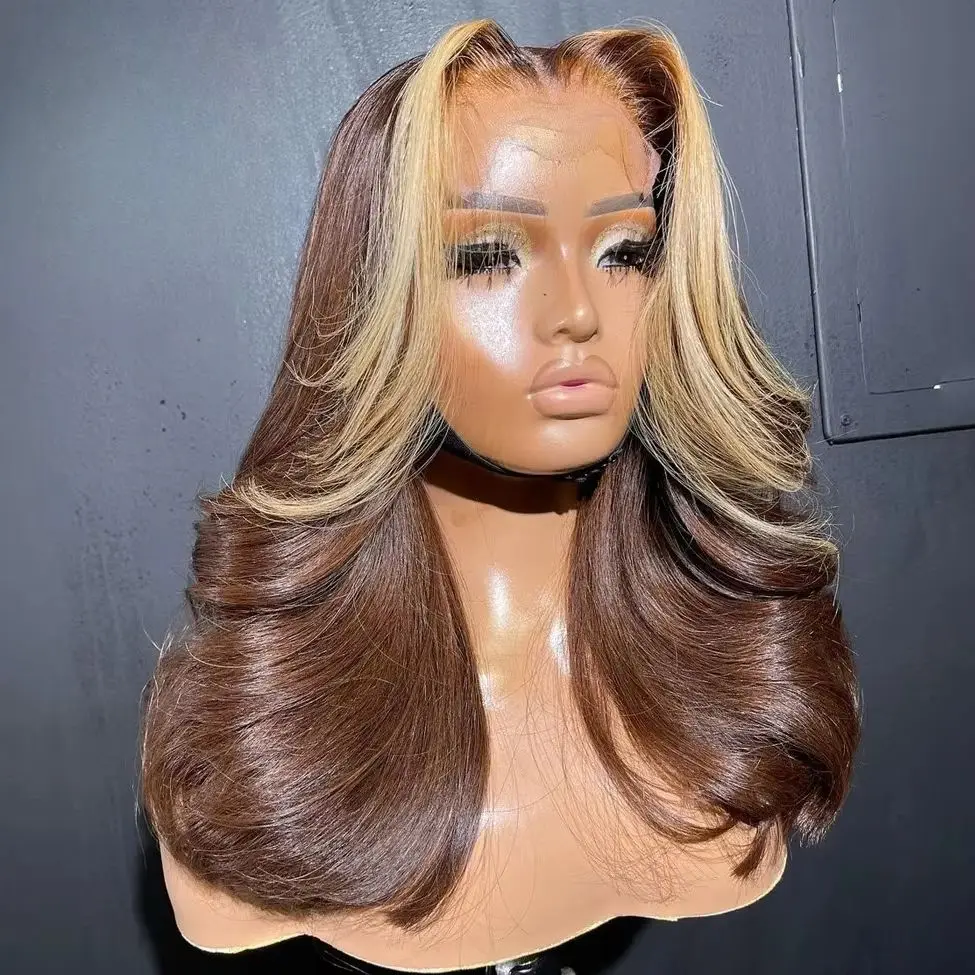 

Chocolate Brown Highlight Blonde Wigs Short Bob Body Wave Lace Front Wig 13X4 HD Synthetic Glueless Pre Plucked For Women
