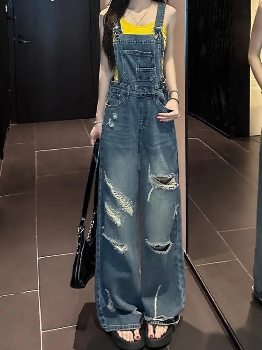 

American Retro Ripped Denim Overalls 2025 Spring Autumn New Style Design Loose Work Clothes Wide-Leg Floor Trousers