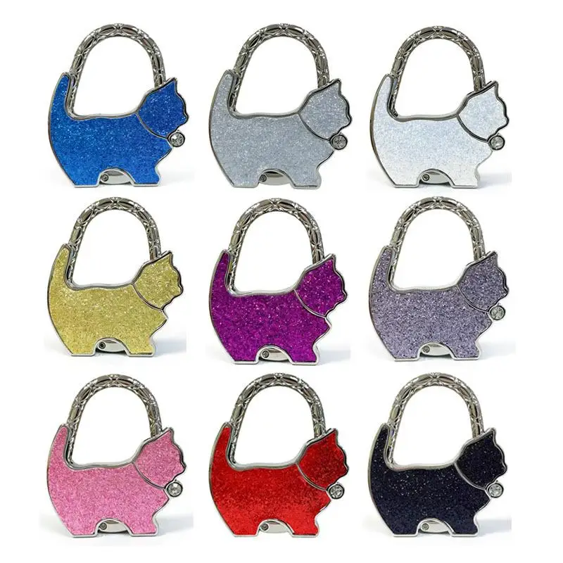 1Pcs Glitter Cat Shaped Foldable Purse Hook With Rhinestone Portable Bag Holder Perfect For Office Restaurant Table Use