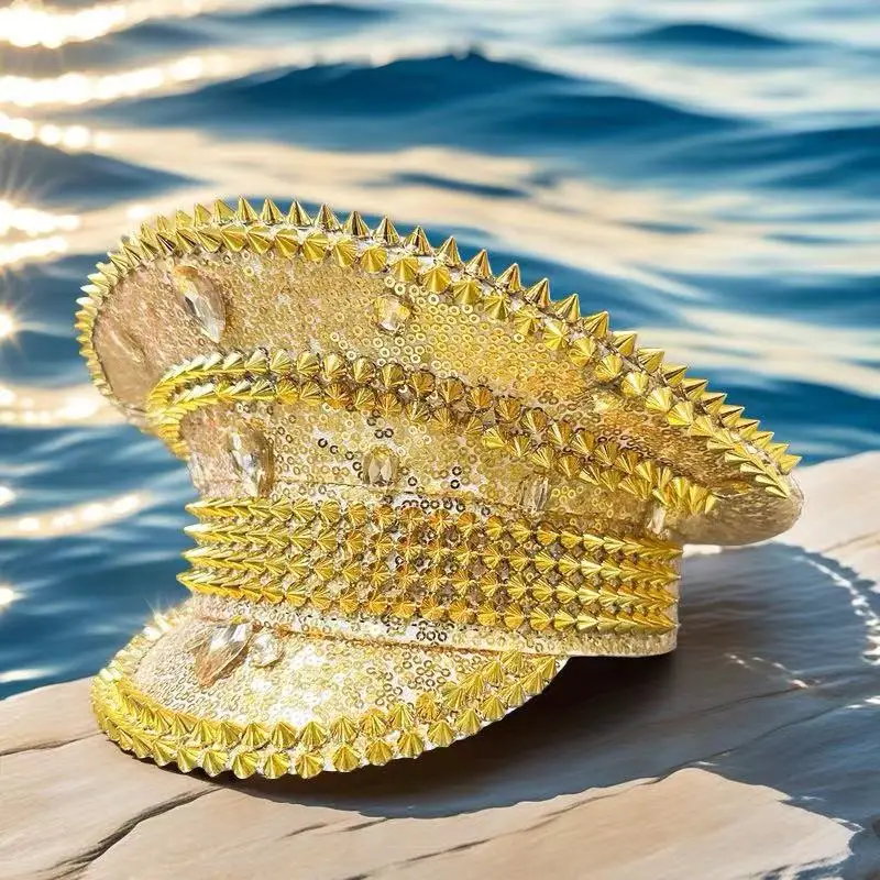 HongLuan Goldener Halloween-Kostümhut, Kapitänshüte mit Strasssteinen für Burning Man Festival Woman, Cosplay Damenaccessoires