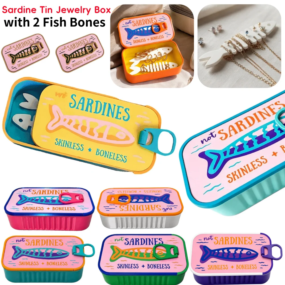 Sardine Tin Jewelry Storage Box with 2 Fish Bones Prevent Tangling Travel Earring Necklace Earbuds Pill Coin Organizer Case